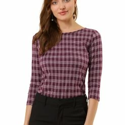 Allegra K Women's Work Office 3/4 Sleeve Boat Neck Houndstooth Top Blouse
