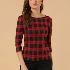 Allegra K Women's Work Office 3/4 Sleeve Boat Neck Houndstooth Top Blouse