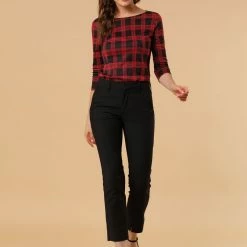 Allegra K Women's Work Office 3/4 Sleeve Boat Neck Houndstooth Top Blouse