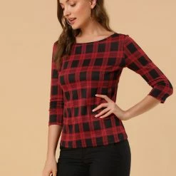 Allegra K Women's Work Office 3/4 Sleeve Boat Neck Houndstooth Top Blouse