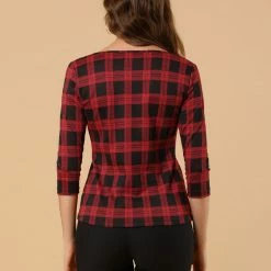 Allegra K Women's Work Office 3/4 Sleeve Boat Neck Houndstooth Top Blouse