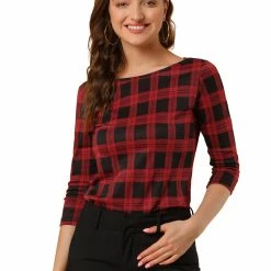 Allegra K Women's Work Office 3/4 Sleeve Boat Neck Houndstooth Top Blouse