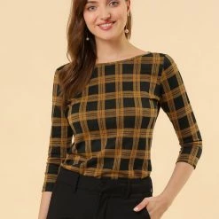 Allegra K Women's Work Office 3/4 Sleeve Boat Neck Houndstooth Top Blouse