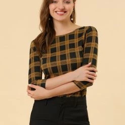 Allegra K Women's Work Office 3/4 Sleeve Boat Neck Houndstooth Top Blouse