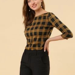 Allegra K Women's Work Office 3/4 Sleeve Boat Neck Houndstooth Top Blouse