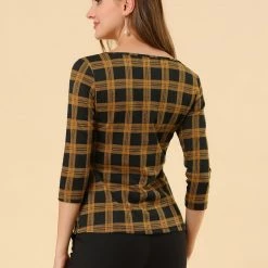 Allegra K Women's Work Office 3/4 Sleeve Boat Neck Houndstooth Top Blouse