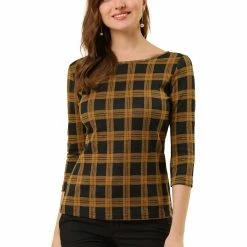 Allegra K Women's Work Office 3/4 Sleeve Boat Neck Houndstooth Top Blouse