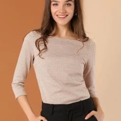 Allegra K Women's Work Office 3/4 Sleeve Boat Neck Houndstooth Top Blouse