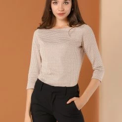 Allegra K Women's Work Office 3/4 Sleeve Boat Neck Houndstooth Top Blouse