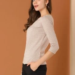 Allegra K Women's Work Office 3/4 Sleeve Boat Neck Houndstooth Top Blouse