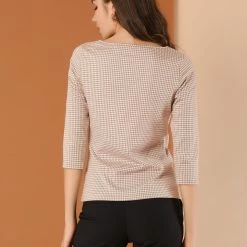 Allegra K Women's Work Office 3/4 Sleeve Boat Neck Houndstooth Top Blouse