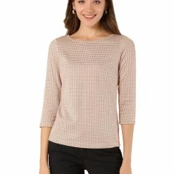 Allegra K Women's Work Office 3/4 Sleeve Boat Neck Houndstooth Top Blouse