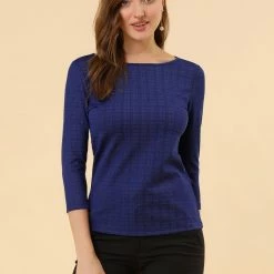 Allegra K Women's Work Office 3/4 Sleeve Boat Neck Houndstooth Top Blouse