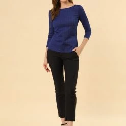 Allegra K Women's Work Office 3/4 Sleeve Boat Neck Houndstooth Top Blouse