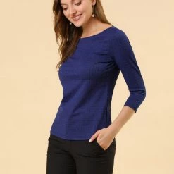 Allegra K Women's Work Office 3/4 Sleeve Boat Neck Houndstooth Top Blouse