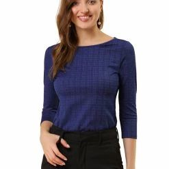 Allegra K Women's Work Office 3/4 Sleeve Boat Neck Houndstooth Top Blouse