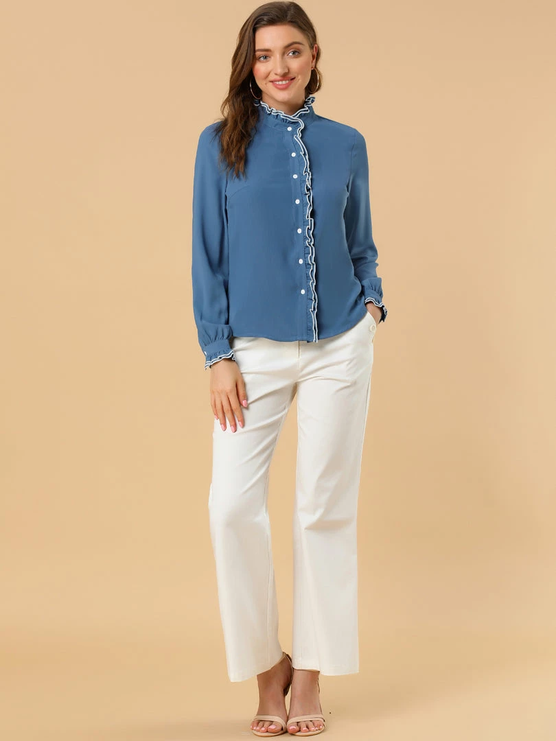 Allegra K Women Ruffle Stand Collar Shirt Button Down Office Work Chiffon Long Sleeve Top 35 Allegra K Women Ruffle Stand Collar Shirt Button Down Office Work Chiffon Long Sleeve Top