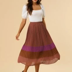 Allegra K Women's Color Block Elastic Waist A-Line Chiffon Pleated Midi Skirt