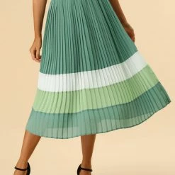 Allegra K Women's Color Block Elastic Waist A-Line Chiffon Pleated Midi Skirt