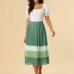 Allegra K Women's Color Block Elastic Waist A-Line Chiffon Pleated Midi Skirt