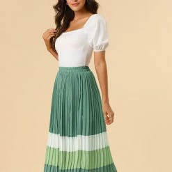Allegra K Women's Color Block Elastic Waist A-Line Chiffon Pleated Midi Skirt