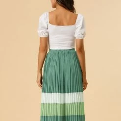Allegra K Women's Color Block Elastic Waist A-Line Chiffon Pleated Midi Skirt