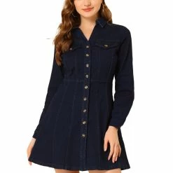 Allegra K Women's Denim Button Down Collar V-Neck Roll Up Sleeve Shirt Dress 41 Allegra K Women's Denim Button Down Collar V-Neck Roll Up Sleeve Shirt Dress