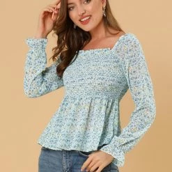 Women Allegra K Square Neck Long Bell Sleeve Floral Print Smocked Blouse