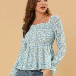 Women Allegra K Square Neck Long Bell Sleeve Floral Print Smocked Blouse