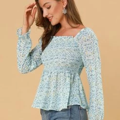 Women Allegra K Square Neck Long Bell Sleeve Floral Print Smocked Blouse