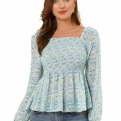 Women Allegra K Square Neck Long Bell Sleeve Floral Print Smocked Blouse