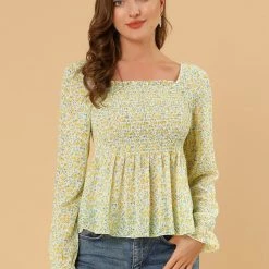 Women Allegra K Square Neck Long Bell Sleeve Floral Print Smocked Blouse