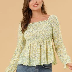 Women Allegra K Square Neck Long Bell Sleeve Floral Print Smocked Blouse
