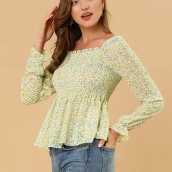 Women Allegra K Square Neck Long Bell Sleeve Floral Print Smocked Blouse