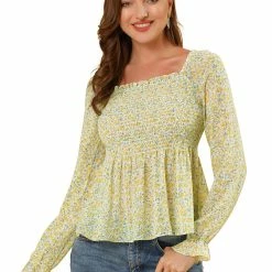 Women Allegra K Square Neck Long Bell Sleeve Floral Print Smocked Blouse