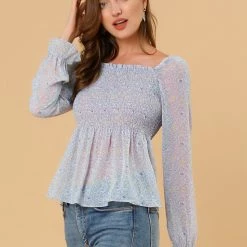 Women Allegra K Square Neck Long Bell Sleeve Floral Print Smocked Blouse