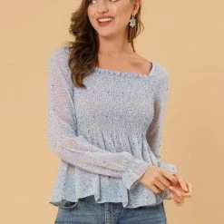 Women Allegra K Square Neck Long Bell Sleeve Floral Print Smocked Blouse