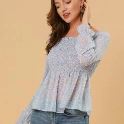 Women Allegra K Square Neck Long Bell Sleeve Floral Print Smocked Blouse