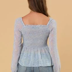 Women Allegra K Square Neck Long Bell Sleeve Floral Print Smocked Blouse