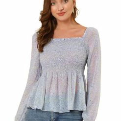 Women Allegra K Square Neck Long Bell Sleeve Floral Print Smocked Blouse