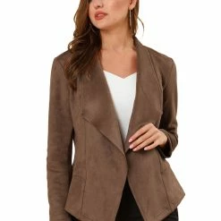 Allegra K Women's Faux Suede Jacket Open Front Lapel Draped Outwear Cardigan