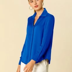 Allegra K V Neck Long Sleeve Work Shirt