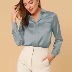 Allegra K V Neck Long Sleeve Work Shirt