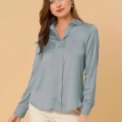 Allegra K V Neck Long Sleeve Work Shirt