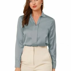 Allegra K V Neck Long Sleeve Work Shirt