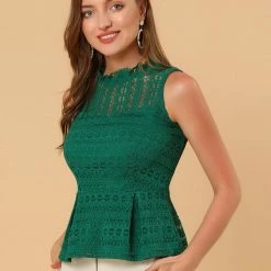 Allegra K Women's Ruffle Neck Keyhole Back Sleeveless Floral Lace Peplum Top