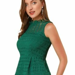 Allegra K Women's Ruffle Neck Keyhole Back Sleeveless Floral Lace Peplum Top