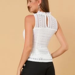 Allegra K Women's Ruffle Neck Keyhole Back Sleeveless Floral Lace Peplum Top