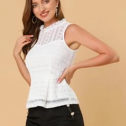 Allegra K Women's Ruffle Neck Keyhole Back Sleeveless Floral Lace Peplum Top