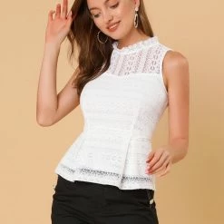 Allegra K Women's Ruffle Neck Keyhole Back Sleeveless Floral Lace Peplum Top